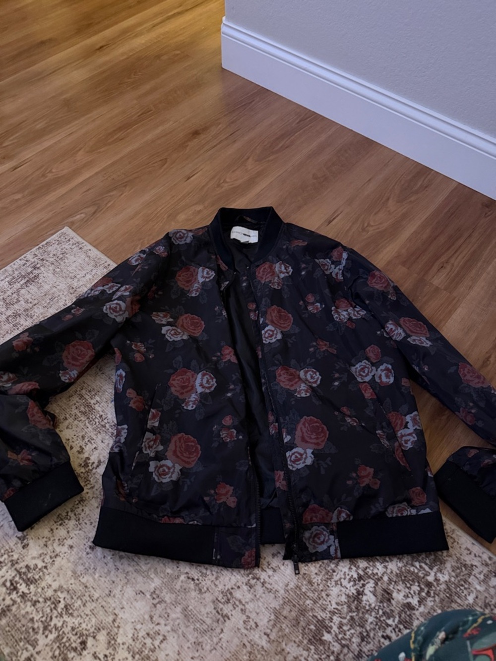 Fashion Nova Black Floral Bomber Jacket with Red Rose Print